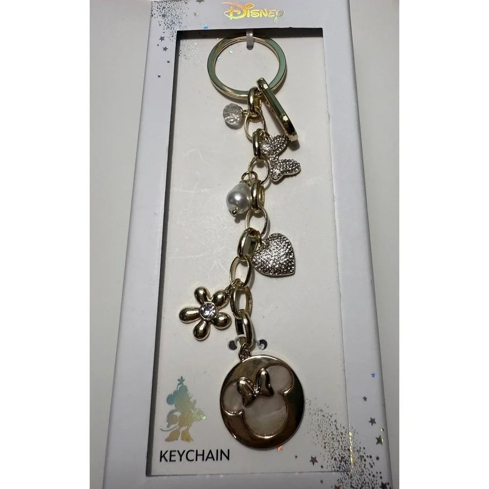 Disney Minnie Mouse Gold‎ Tone Charm Keychain LA Rocks Heart Flower Pearl NIB